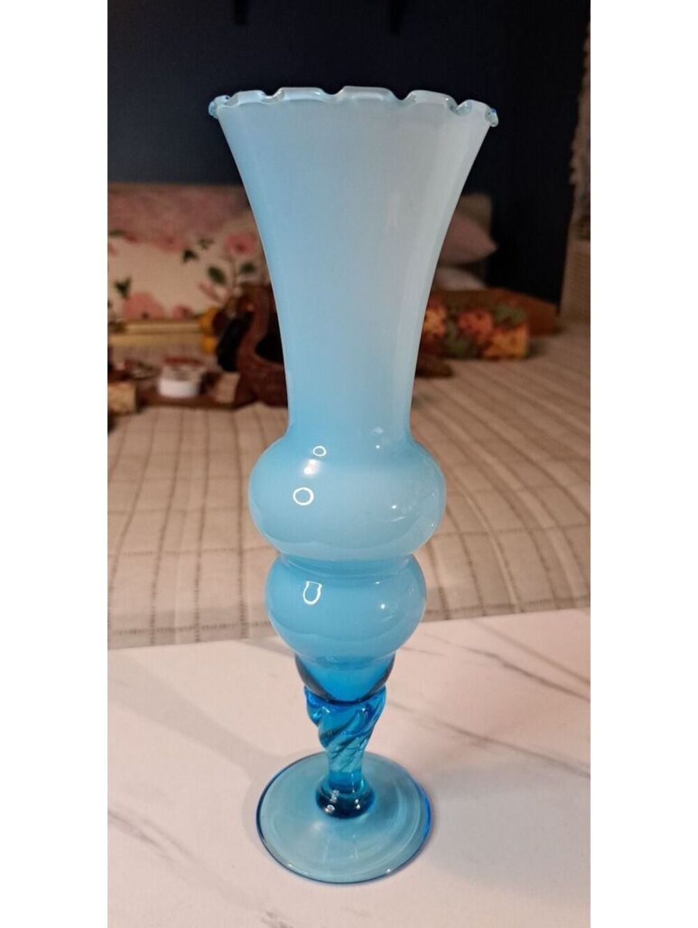 Vintage Italian Art Glass Hand Blown Blue Crimped Lip Swirl Pedestal Base 9.5"